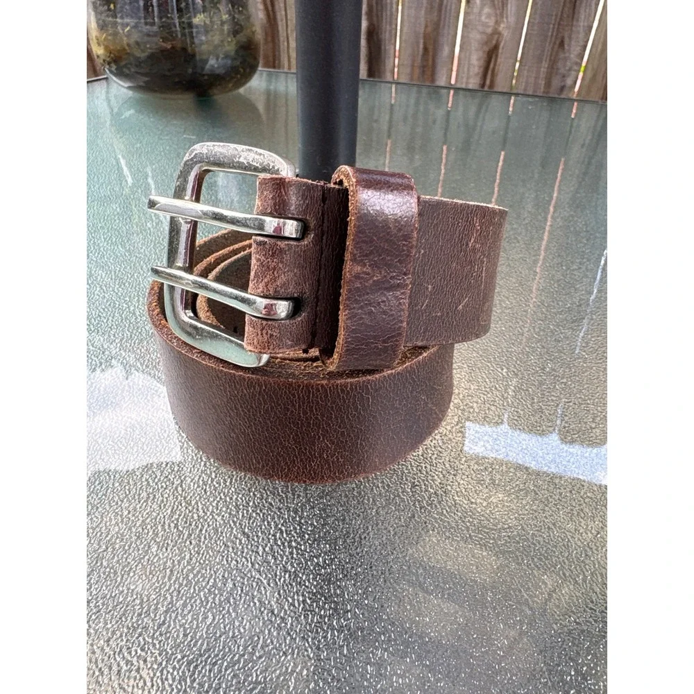 Genuine Leather Double Prong Belt Brown Distressed Silver Buckle Medium